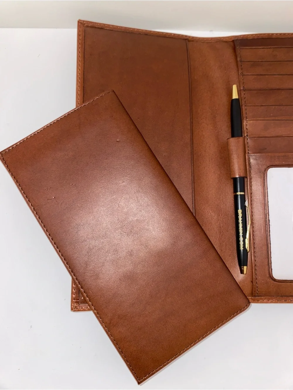 NWT Brahmin Cognac Brown Leather Foldover Wallet with Gold Accent Plaque